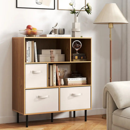 6-Cube Bookshelf with 3 Removable Folding Fabric Drawers for Living Room-Natural - Natural - Bookcases