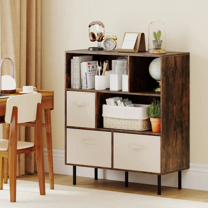 6-Cube Bookshelf with 3 Removable Folding Fabric Drawers for Living Room-Rustic Brown - Rustic Brown - Bookcases
