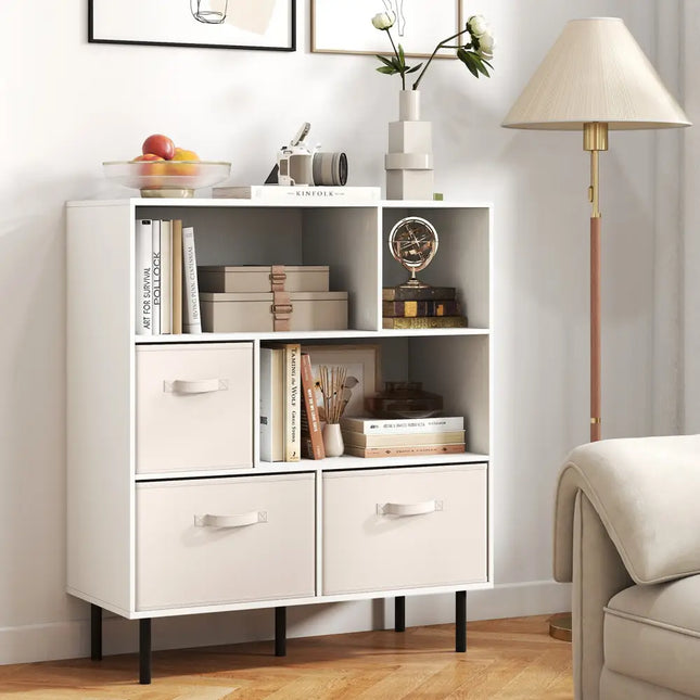 6-Cube Bookshelf with 3 Removable Folding Fabric Drawers for Living Room-White - White - Bookcases