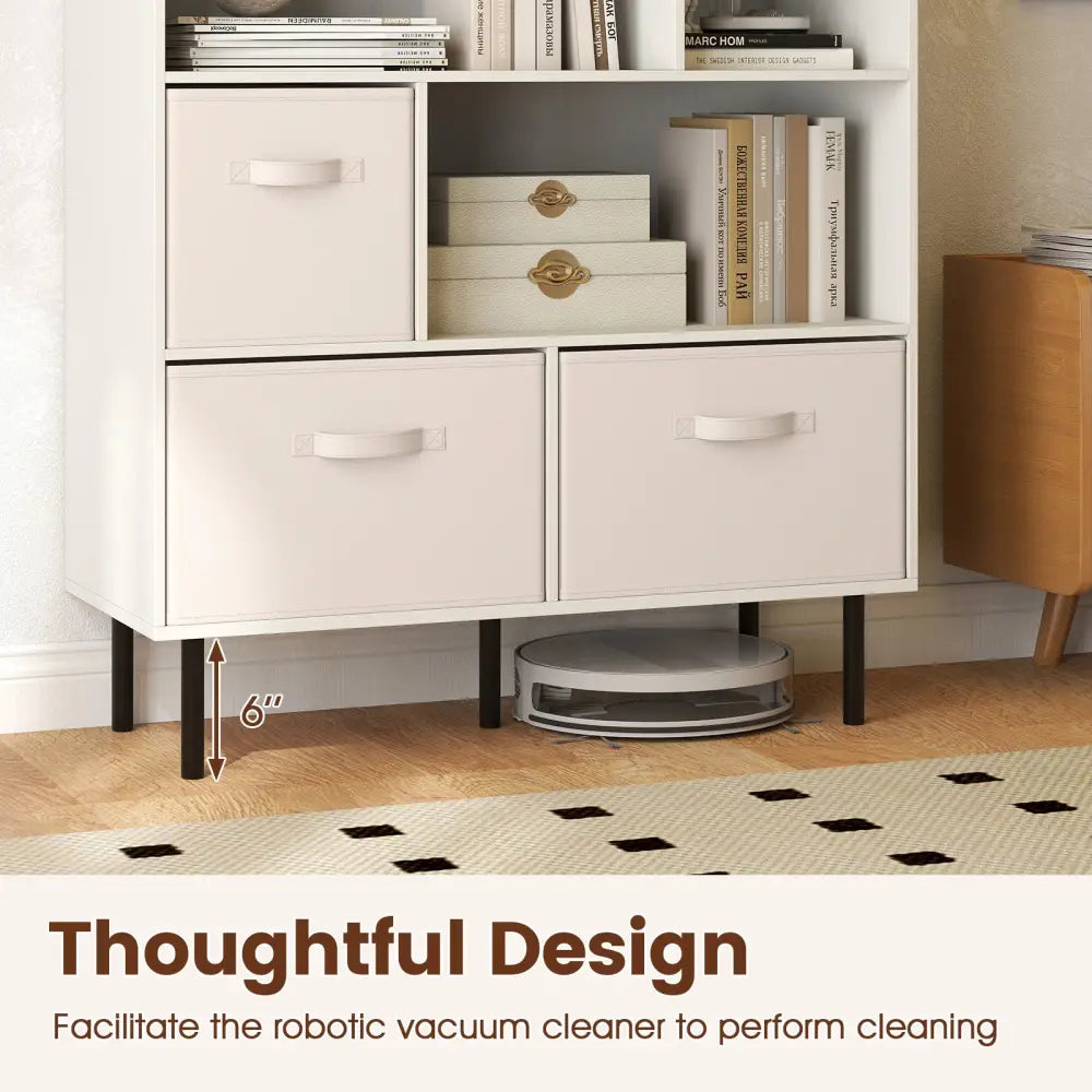 6-Cube Bookshelf with 3 Removable Folding Fabric Drawers for Living Room-White - White - Bookcases