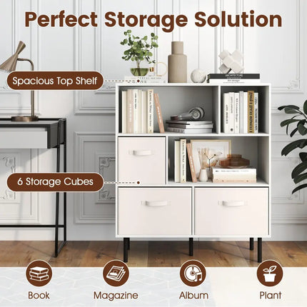 6-Cube Bookshelf with 3 Removable Folding Fabric Drawers for Living Room-White - White - Bookcases