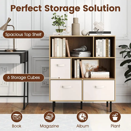 6-Cube Bookshelf with 3 Removable Folding Fabric Drawers for Living Room-Natural - Natural - Bookcases