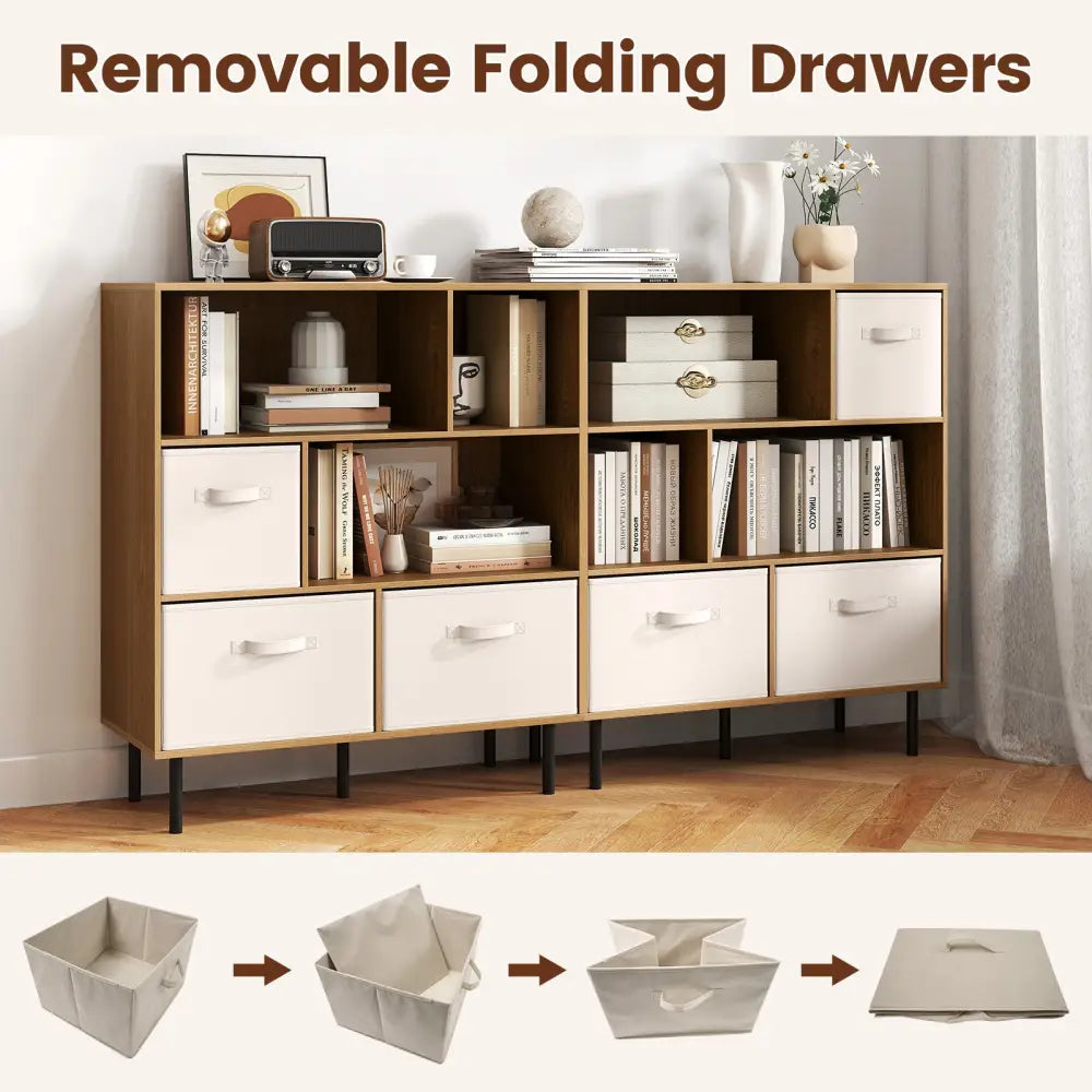 6-Cube Bookshelf with 3 Removable Folding Fabric Drawers for Living Room-Natural - Natural - Bookcases