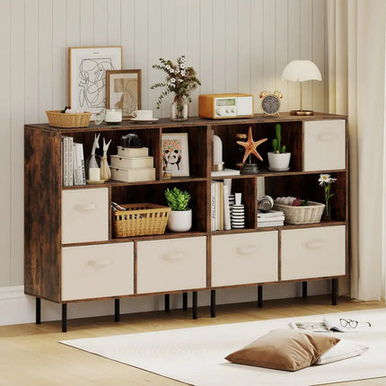 6-Cube Bookshelf with 3 Removable Folding Fabric Drawers for Living Room-Rustic Brown - Rustic Brown - Bookcases