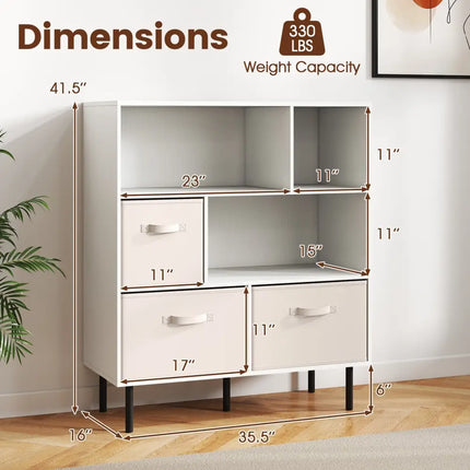 6-Cube Bookshelf with 3 Removable Folding Fabric Drawers for Living Room-White - White - Bookcases