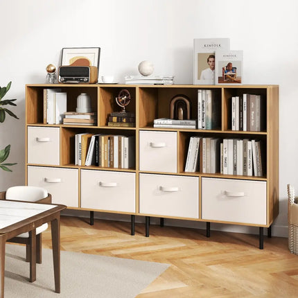 6-Cube Bookshelf with 3 Removable Folding Fabric Drawers for Living Room-Natural - Natural - Bookcases