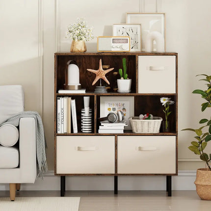 6-Cube Bookshelf with 3 Removable Folding Fabric Drawers for Living Room-Rustic Brown - Rustic Brown - Bookcases