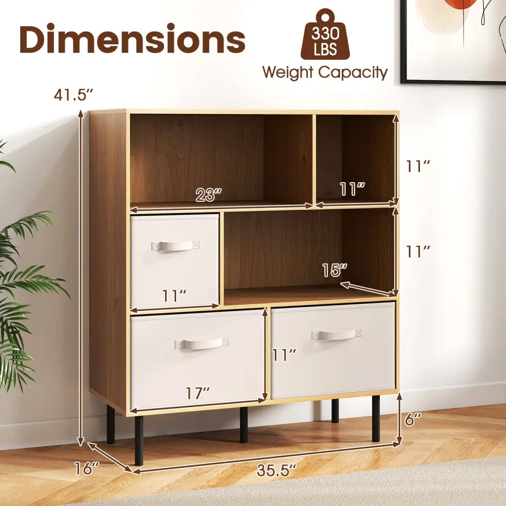 6-Cube Bookshelf with 3 Removable Folding Fabric Drawers for Living Room-Natural - Natural - Bookcases