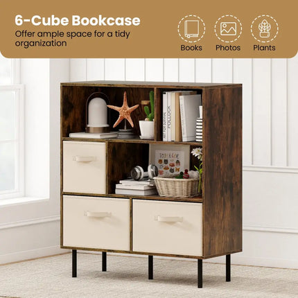 6-Cube Bookshelf with 3 Removable Folding Fabric Drawers for Living Room-Rustic Brown - Rustic Brown - Bookcases