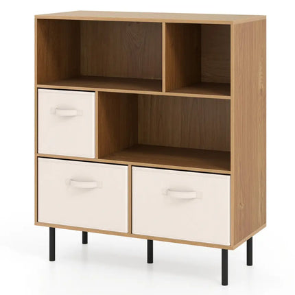 6-Cube Bookshelf with 3 Removable Folding Fabric Drawers for Living Room-Natural - Natural - Bookcases