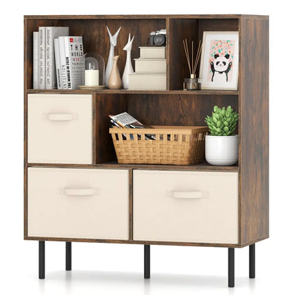 6-Cube Bookshelf with 3 Removable Folding Fabric Drawers for Living Room-Rustic Brown - Rustic Brown - Bookcases