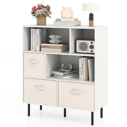 6-Cube Bookshelf with 3 Removable Folding Fabric Drawers for Living Room-White - White - Bookcases