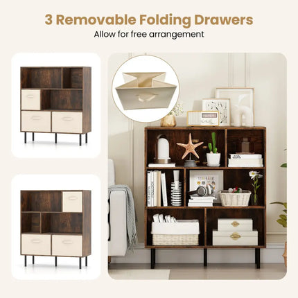 6-Cube Bookshelf with 3 Removable Folding Fabric Drawers for Living Room-Rustic Brown - Rustic Brown - Bookcases