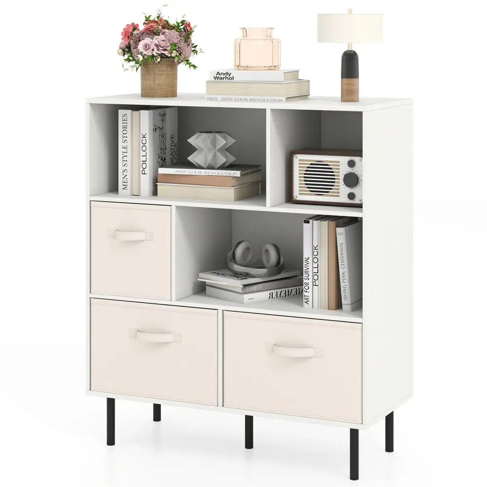 6-Cube Bookshelf with 3 Removable Folding Fabric Drawers for Living Room-White - White - Bookcases