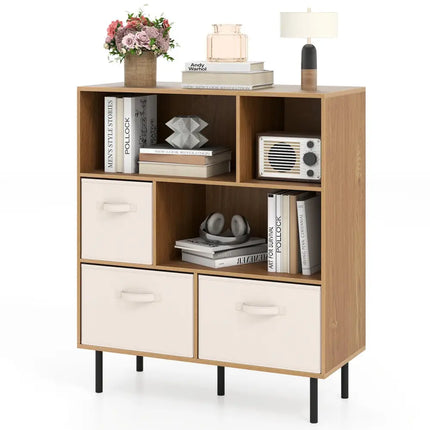 6-Cube Bookshelf with 3 Removable Folding Fabric Drawers for Living Room-Natural - Natural - Bookcases