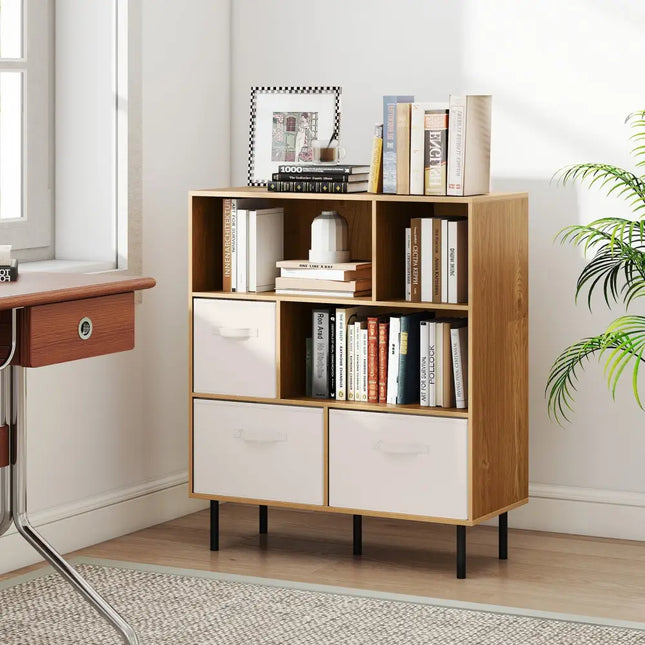 6-Cube Bookshelf with 3 Removable Folding Fabric Drawers for Living Room-Natural - Natural - Bookcases