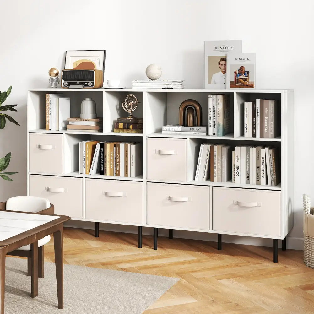 6-Cube Bookshelf with 3 Removable Folding Fabric Drawers for Living Room-White - White - Bookcases