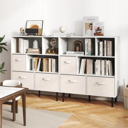 6-Cube Bookshelf with 3 Removable Folding Fabric Drawers for Living Room-White - White - Bookcases