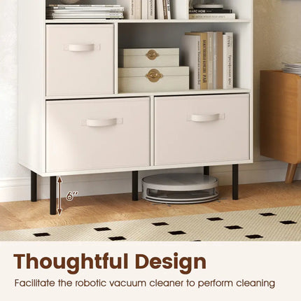 6-Cube Bookshelf with 3 Removable Folding Fabric Drawers for Living Room-White - White - Bookcases