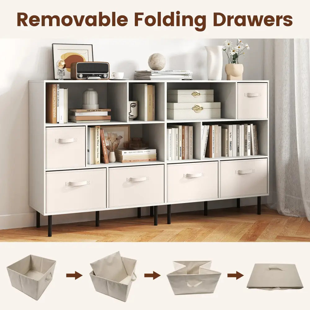 6-Cube Bookshelf with 3 Removable Folding Fabric Drawers for Living Room-White - White - Bookcases