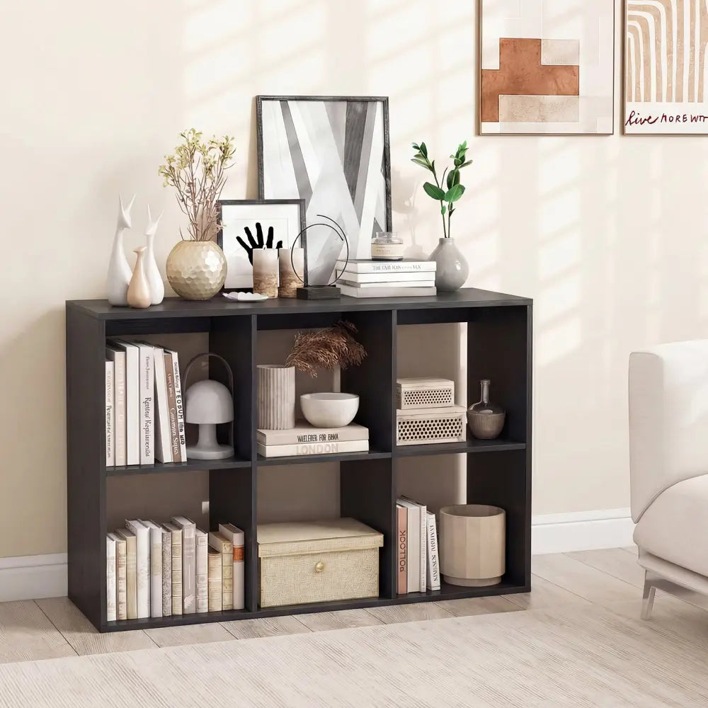 6 Cube Bookshelf with Back Guardrail for Living Room Bedroom-Black - Black - Bookcases