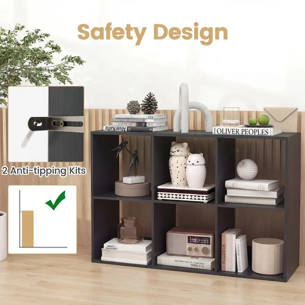 6 Cube Bookshelf with Back Guardrail for Living Room Bedroom-Black - Black - Bookcases