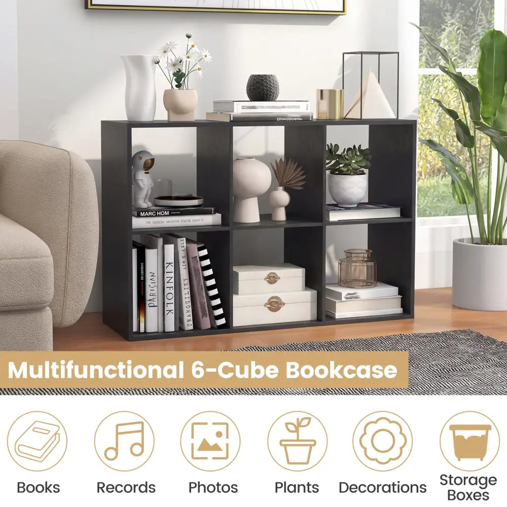 6 Cube Bookshelf with Back Guardrail for Living Room Bedroom-Black - Black - Bookcases