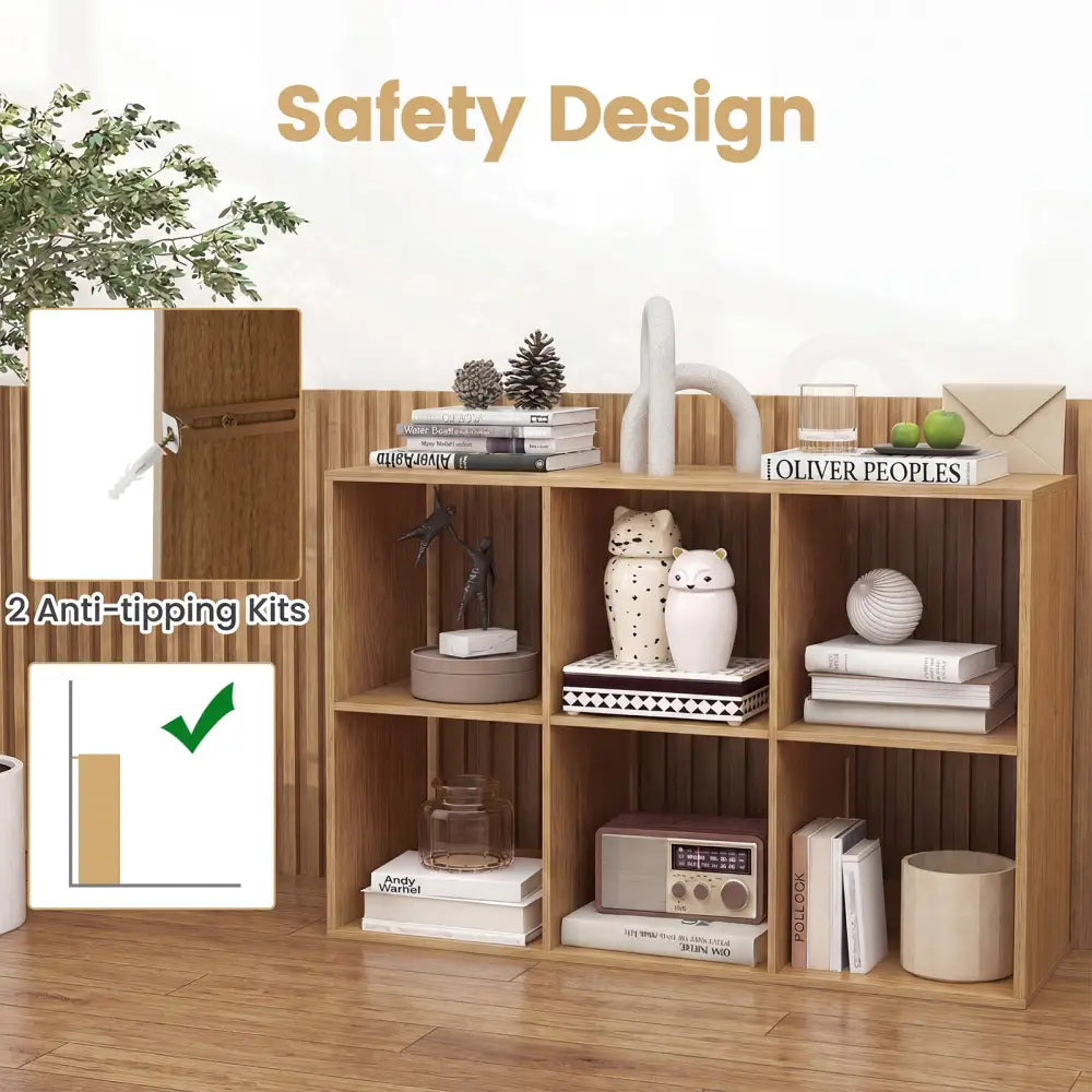 6 Cube Bookshelf with Back Guardrail for Living Room Bedroom-Natural - Natural - Bookcases