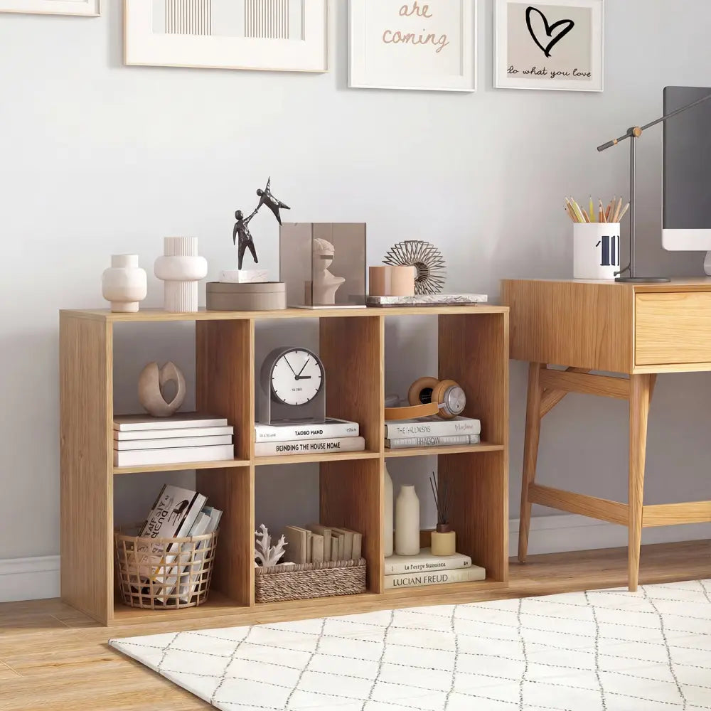 6 Cube Bookshelf with Back Guardrail for Living Room Bedroom-Natural - Natural - Bookcases
