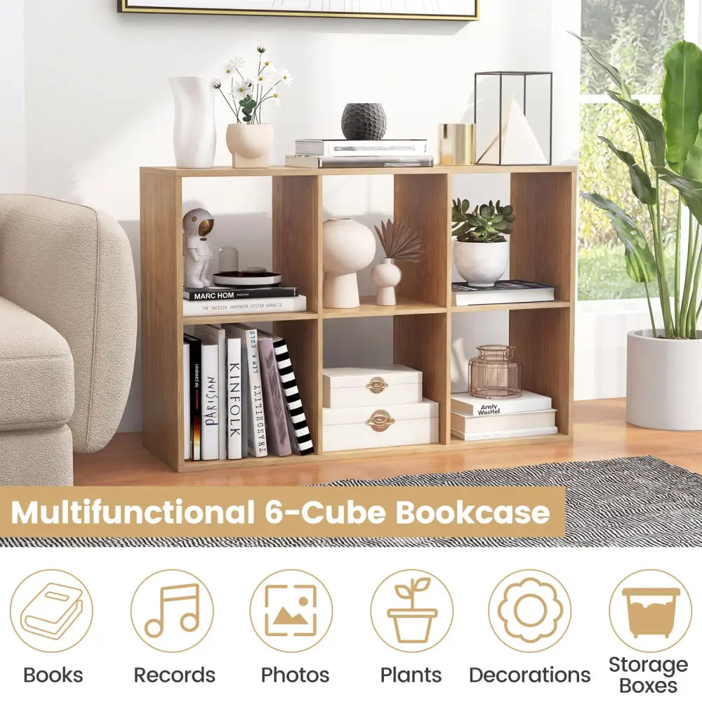 6 Cube Bookshelf with Back Guardrail for Living Room Bedroom-Natural - Natural - Bookcases