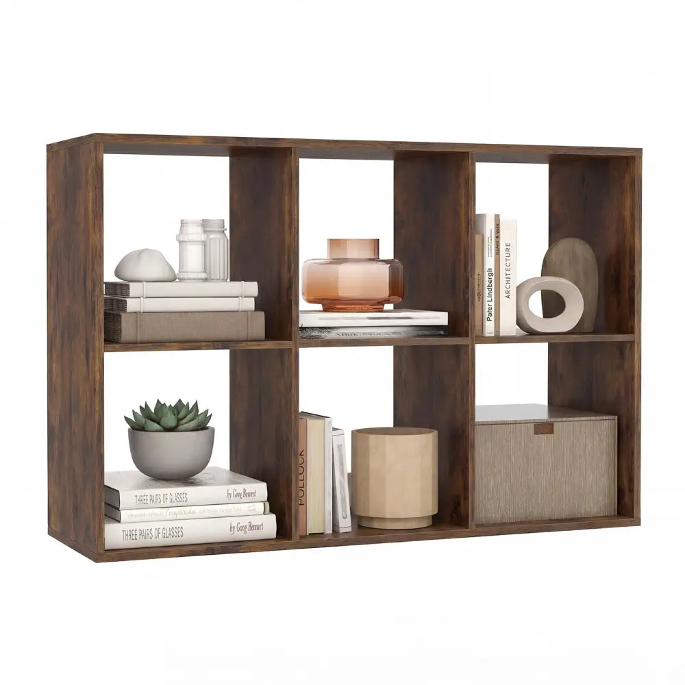 6 Cube Bookshelf with Back Guardrail for Living Room Bedroom-Rustic Brown - Rustic Brown - Bookcases