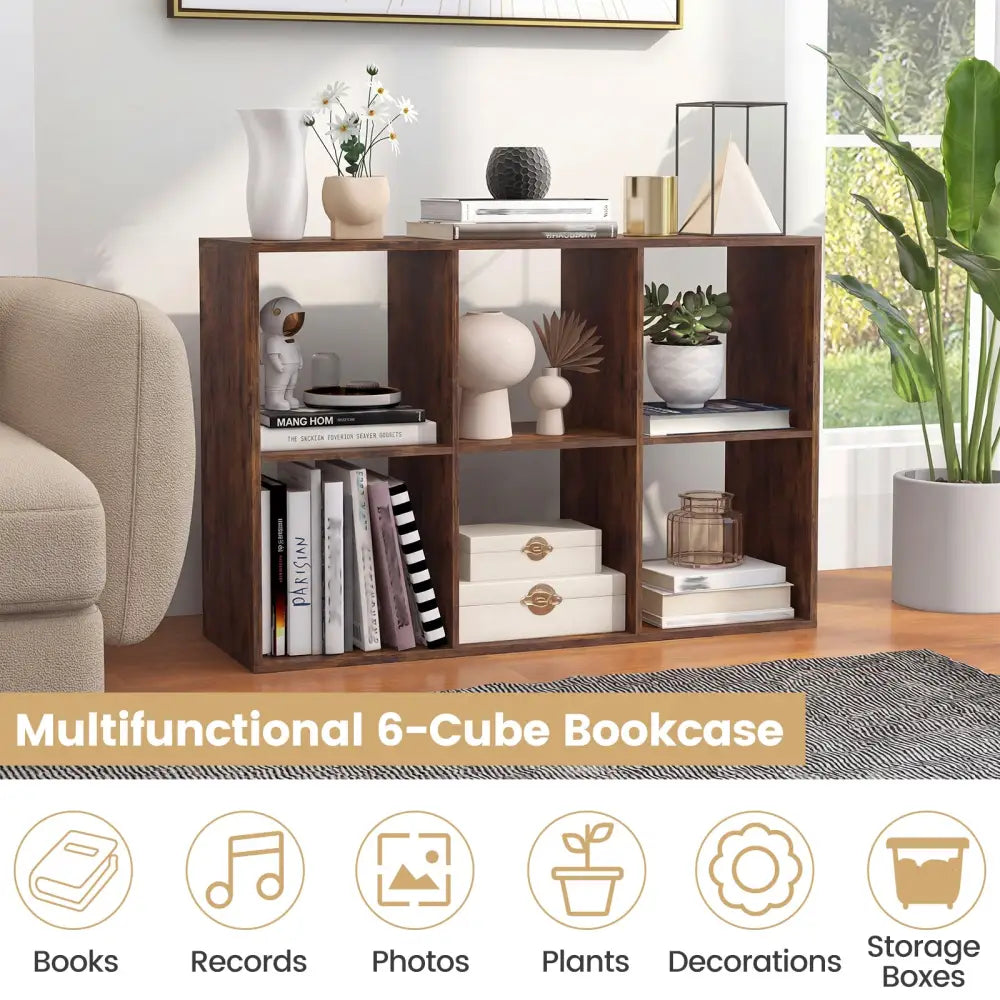 6 Cube Bookshelf with Back Guardrail for Living Room Bedroom-Rustic Brown - Rustic Brown - Bookcases