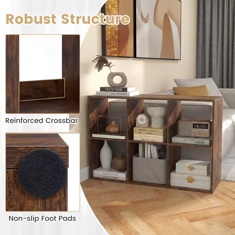 6 Cube Bookshelf with Back Guardrail for Living Room Bedroom-Rustic Brown - Rustic Brown - Bookcases