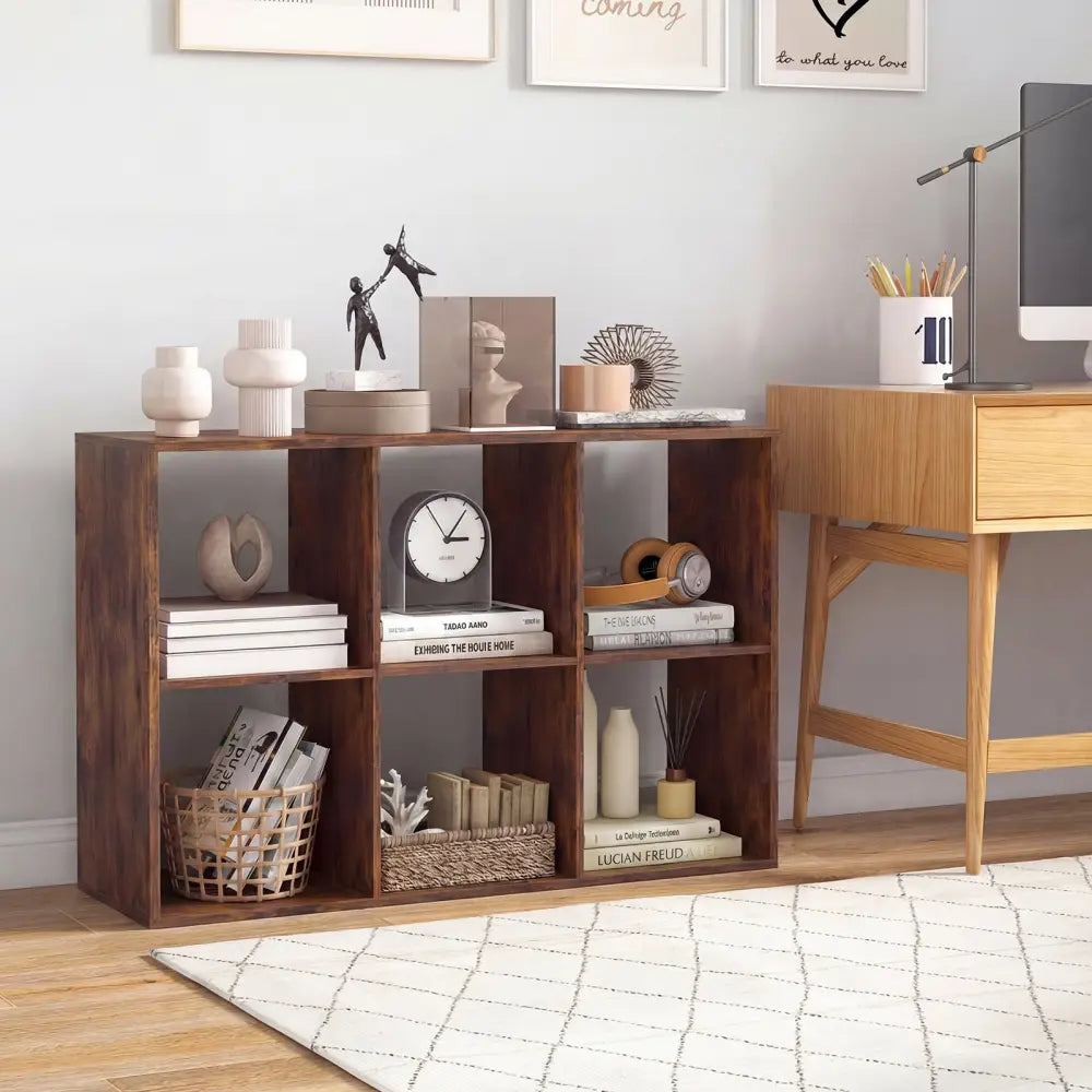 6 Cube Bookshelf with Back Guardrail for Living Room Bedroom-Rustic Brown - Rustic Brown - Bookcases
