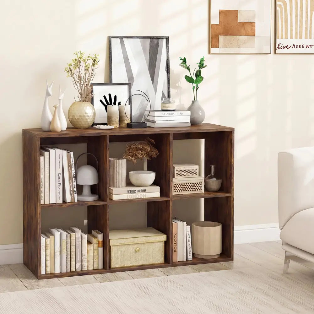 6 Cube Bookshelf with Back Guardrail for Living Room Bedroom-Rustic Brown - Rustic Brown - Bookcases