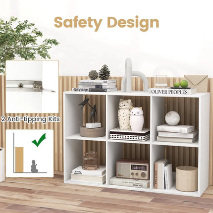 6 Cube Bookshelf with Back Guardrail for Living Room Bedroom-White - White - Bookcases