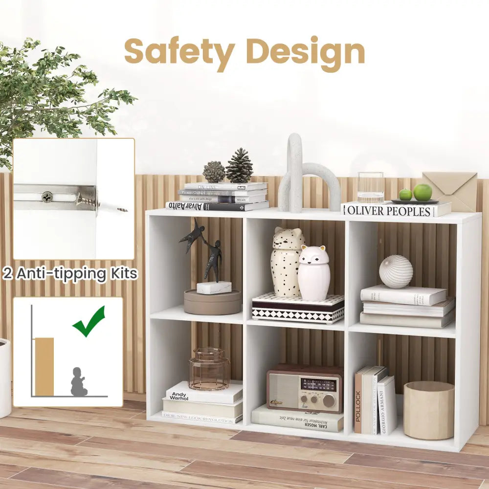 6 Cube Bookshelf with Back Guardrail for Living Room Bedroom-White - White - Bookcases