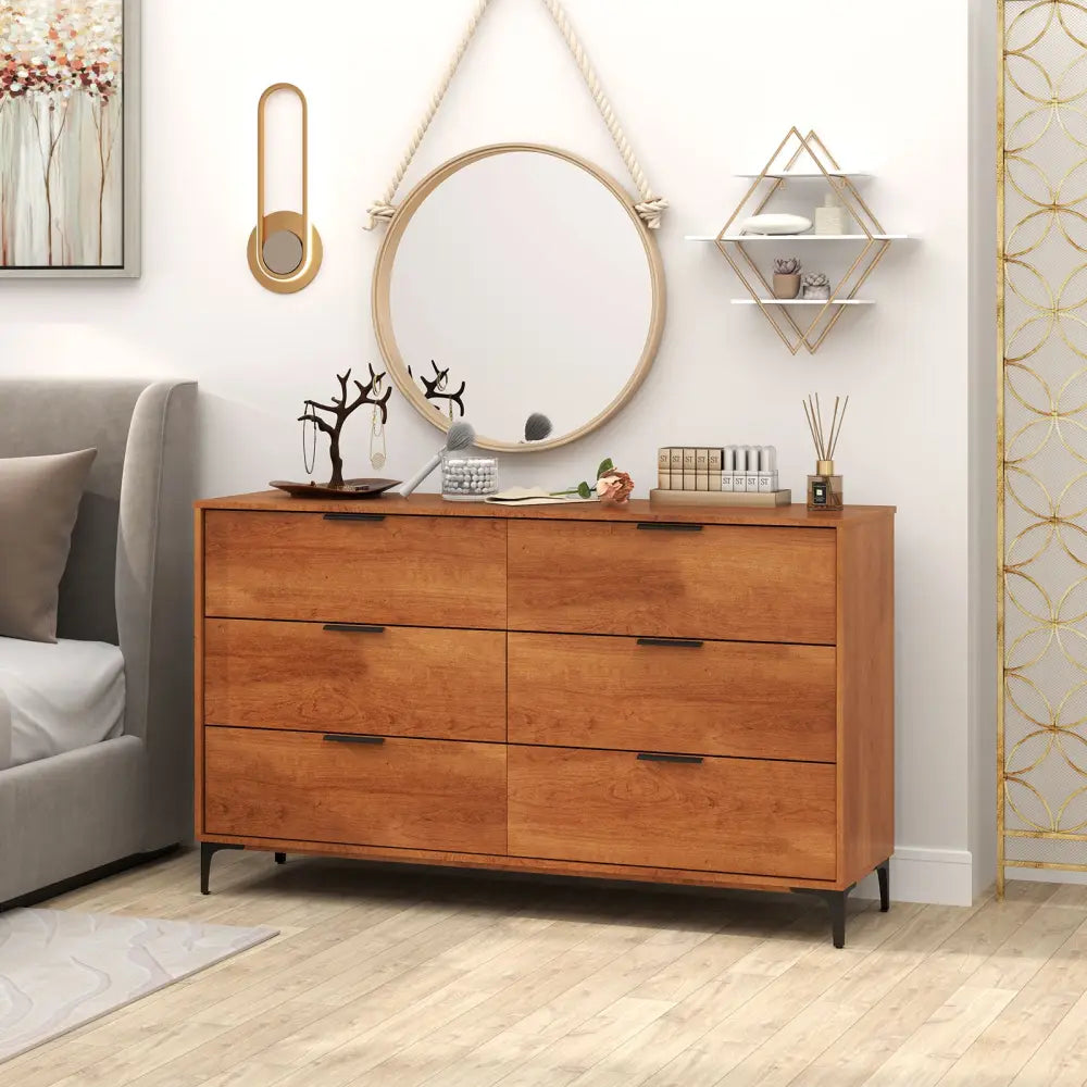 6-Drawer Dresser with Interlock System for Bedroom Living Room-Cherry - Cherry - Dressers & Chests