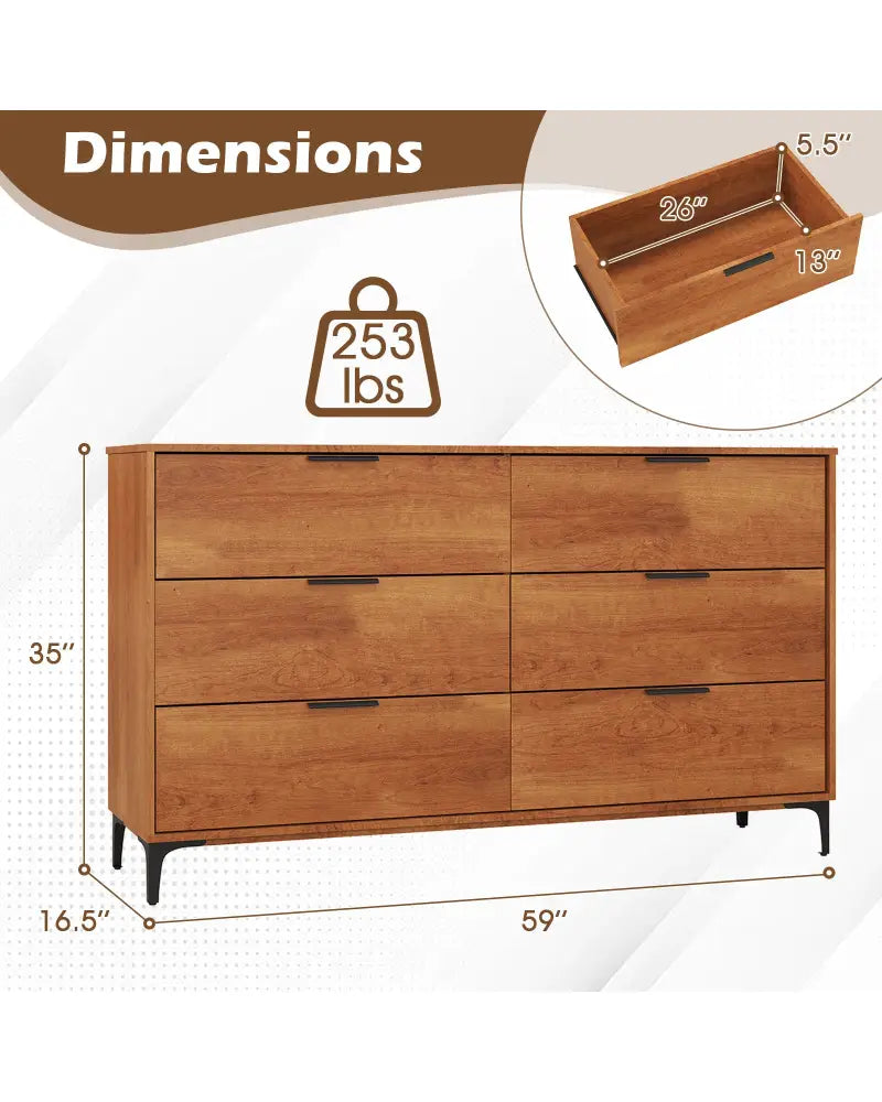 6-Drawer Dresser with Interlock System for Bedroom Living Room-Cherry - Cherry - Dressers & Chests