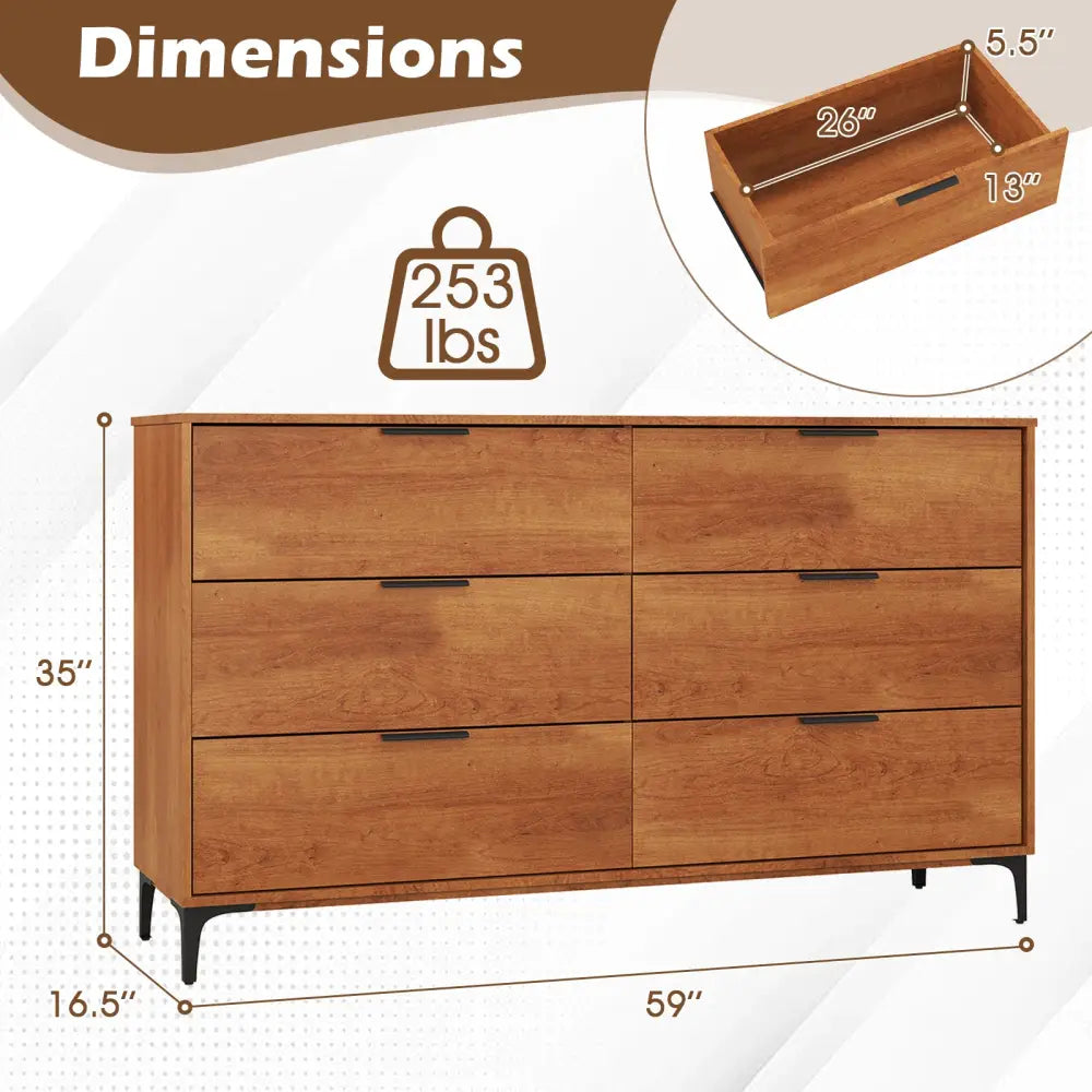 6-Drawer Dresser with Interlock System for Bedroom Living Room-Cherry - Cherry - Dressers & Chests