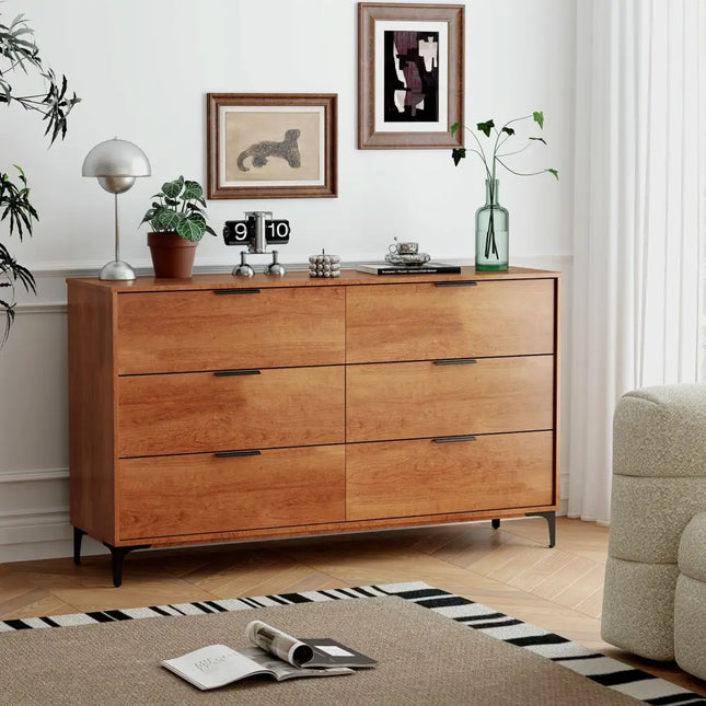 6-Drawer Dresser with Interlock System for Bedroom Living Room-Cherry - Cherry - Dressers & Chests