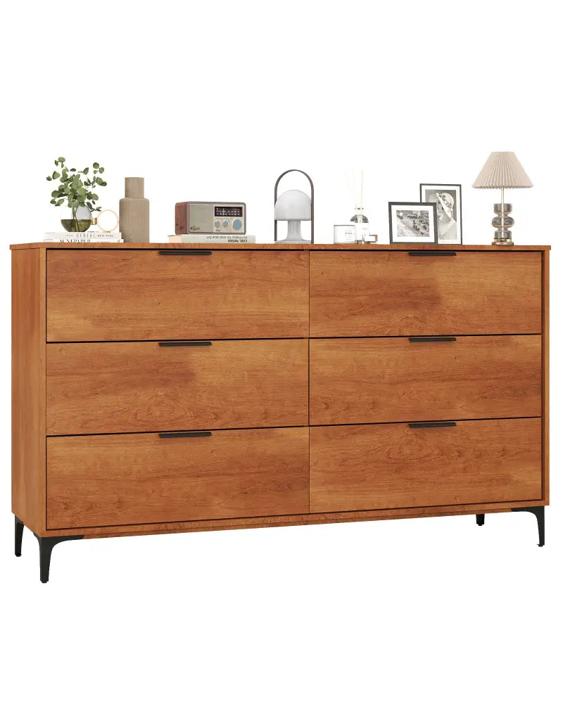 6-Drawer Dresser with Interlock System for Bedroom Living Room-Cherry - Cherry - Dressers & Chests