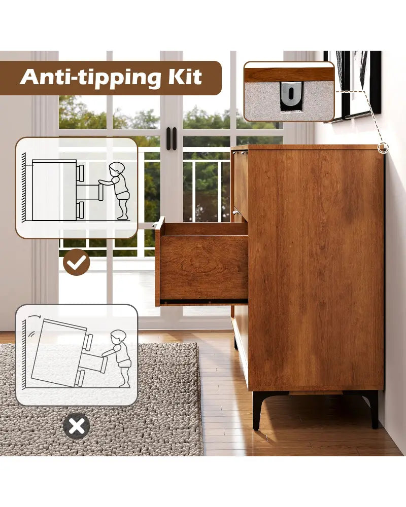 6-Drawer Dresser with Interlock System for Bedroom Living Room-Cherry - Cherry - Dressers & Chests