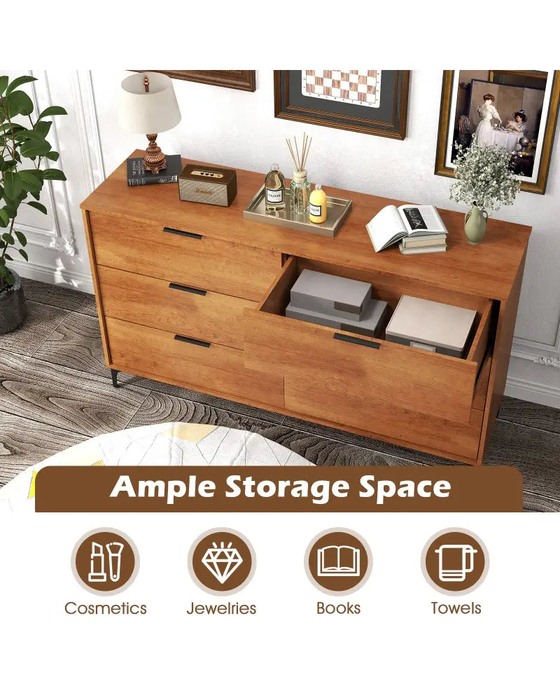 6-Drawer Dresser with Interlock System for Bedroom Living Room-Cherry - Cherry - Dressers & Chests