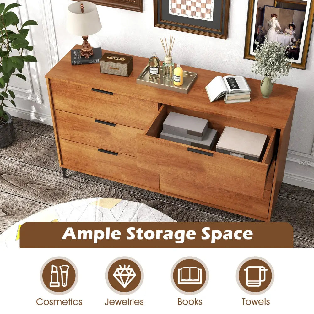 6-Drawer Dresser with Interlock System for Bedroom Living Room-Cherry - Cherry - Dressers & Chests