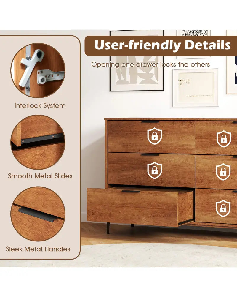 6-Drawer Dresser with Interlock System for Bedroom Living Room-Cherry - Cherry - Dressers & Chests