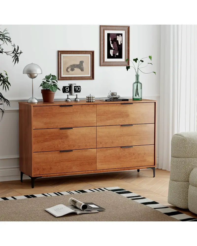 6-Drawer Dresser with Interlock System for Bedroom Living Room-Cherry - Cherry - Dressers & Chests