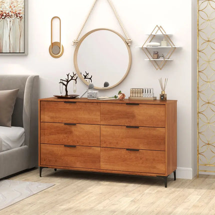 6-Drawer Dresser with Interlock System for Bedroom Living Room-Cherry - Cherry - Dressers & Chests