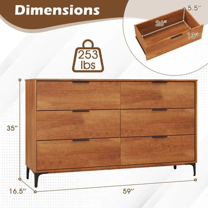6-Drawer Dresser with Interlock System for Bedroom Living Room-Cherry - Cherry - Dressers & Chests