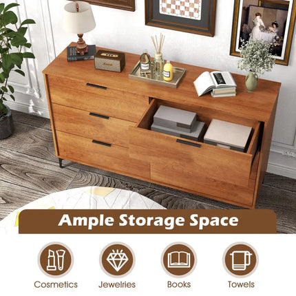 6-Drawer Dresser with Interlock System for Bedroom Living Room-Cherry - Cherry - Dressers & Chests